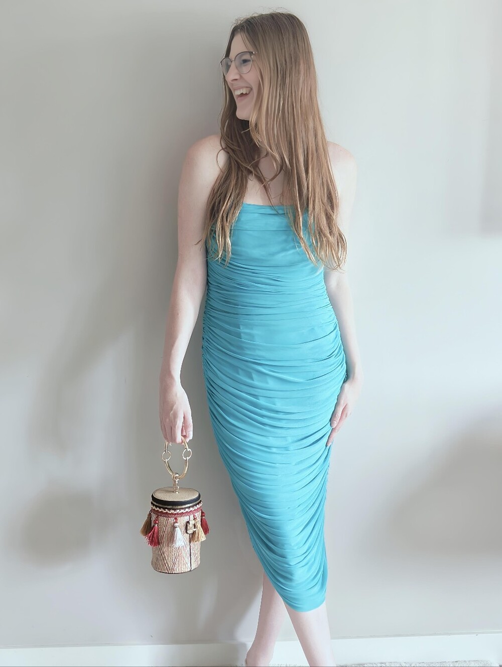 Le Chateau | Teal Ruched Bodycon Midi Dress Mock Cowl Neck | Size Large | Party
